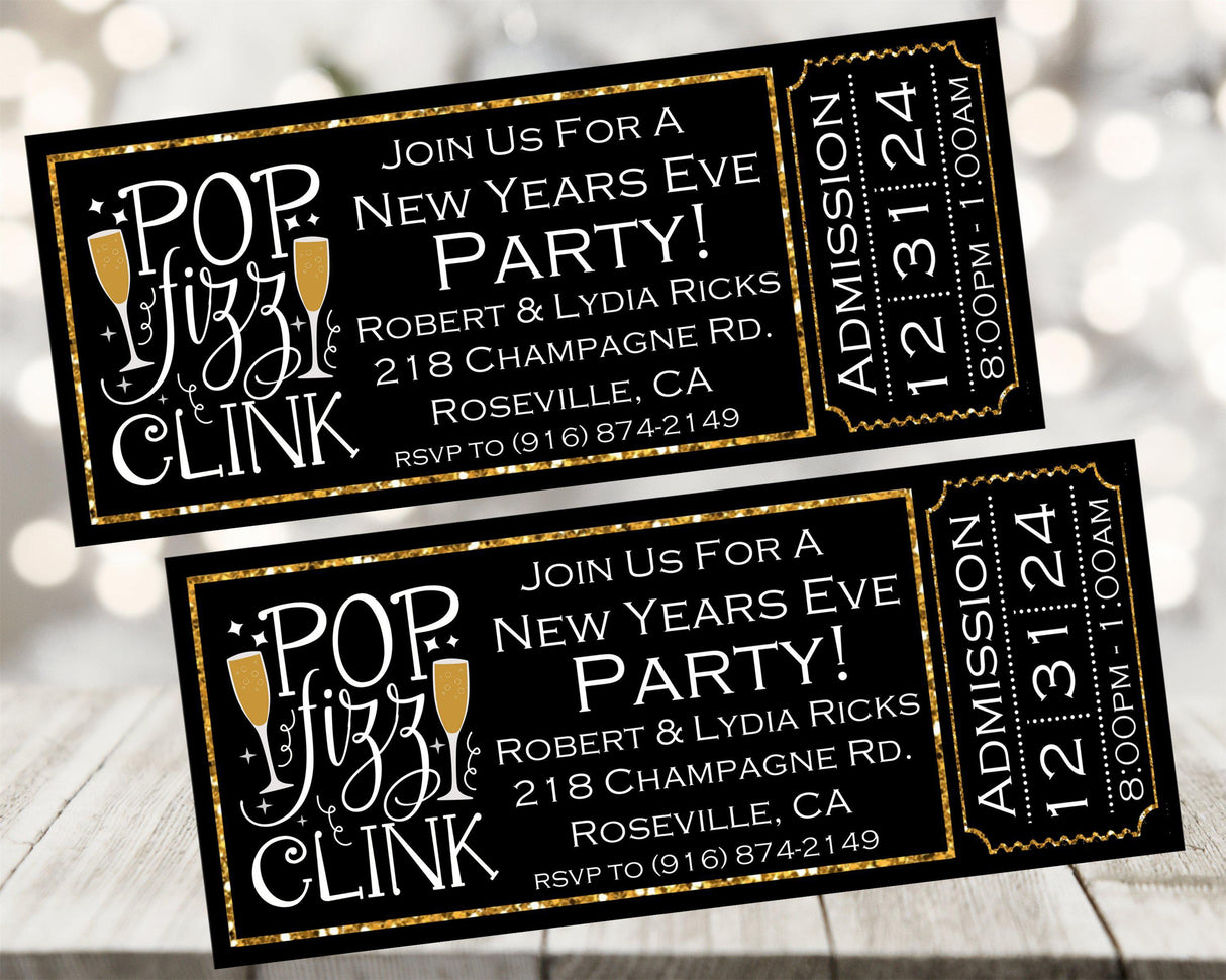 Countdown party invitation with admission ticket design and festive celebration graphics