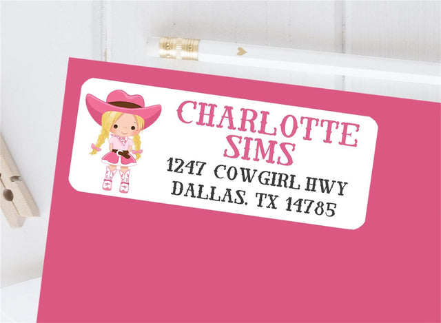 Cowgirl mailing address labels with pink design