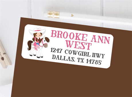 Cowgirl mailing labels with western girl artwork