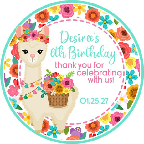 Cream llama sticker with floral basket and teal border