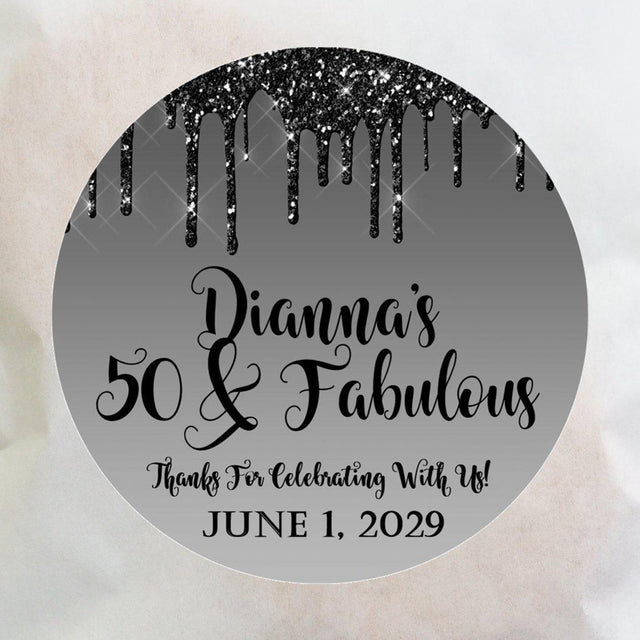 Custom 50th birthday sticker with silver drip border