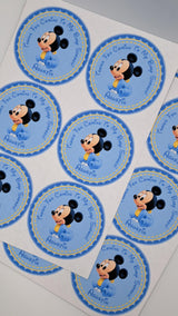 Custom Mickey Mouse baby shower sticker in blue theme