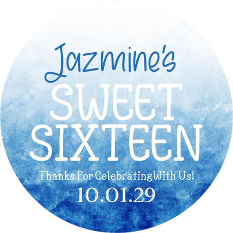 Custom blue Sweet Sixteen watercolor party favor label