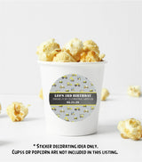 Custom construction birthday label featuring dark grey text band