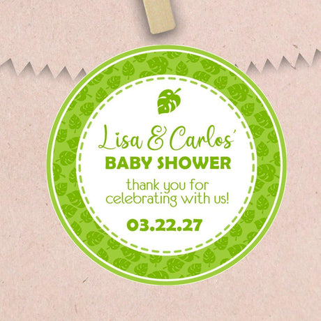 Custom jungle baby shower favor sticker with tropical leaves