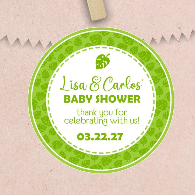 Custom jungle baby shower favor sticker with tropical leaves