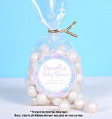 Custom pink and purple snowflake sticker for baby shower favors
