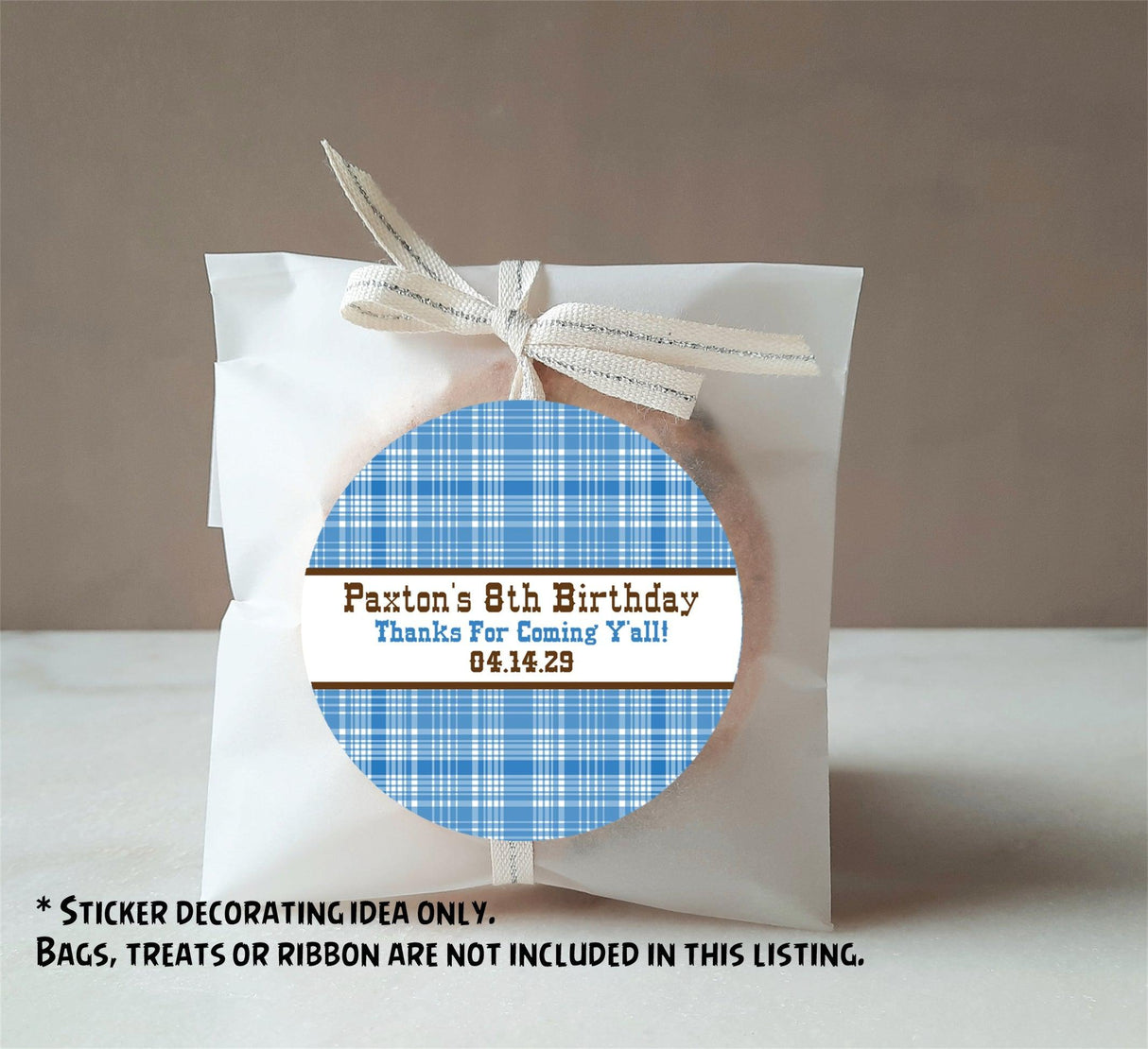 Custom plaid cowboy theme sticker with name and age