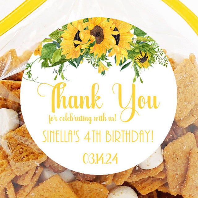 Custom sunflower party favor label with yellow floral design