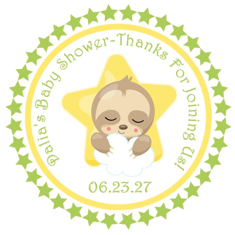 Cute baby sloth holding cloud on yellow star sticker