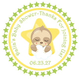 Cute baby sloth holding cloud on yellow star sticker