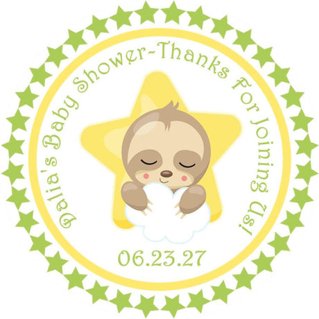 Cute baby sloth holding cloud on yellow star sticker