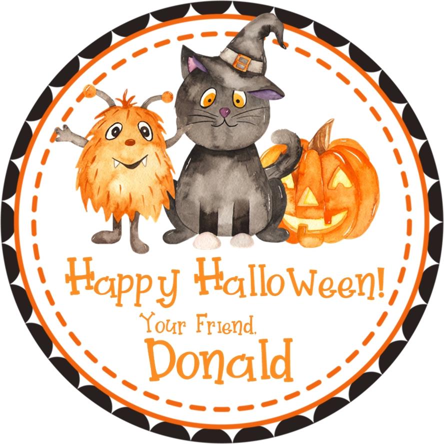 Cute black cat Halloween sticker with pumpkin illustration