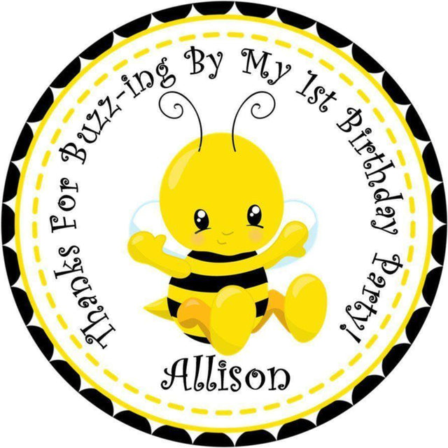 Cute bumble bee 1st birthday sticker with stitched border