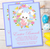 Cute bunny Easter invitation with decorated eggs and flowers