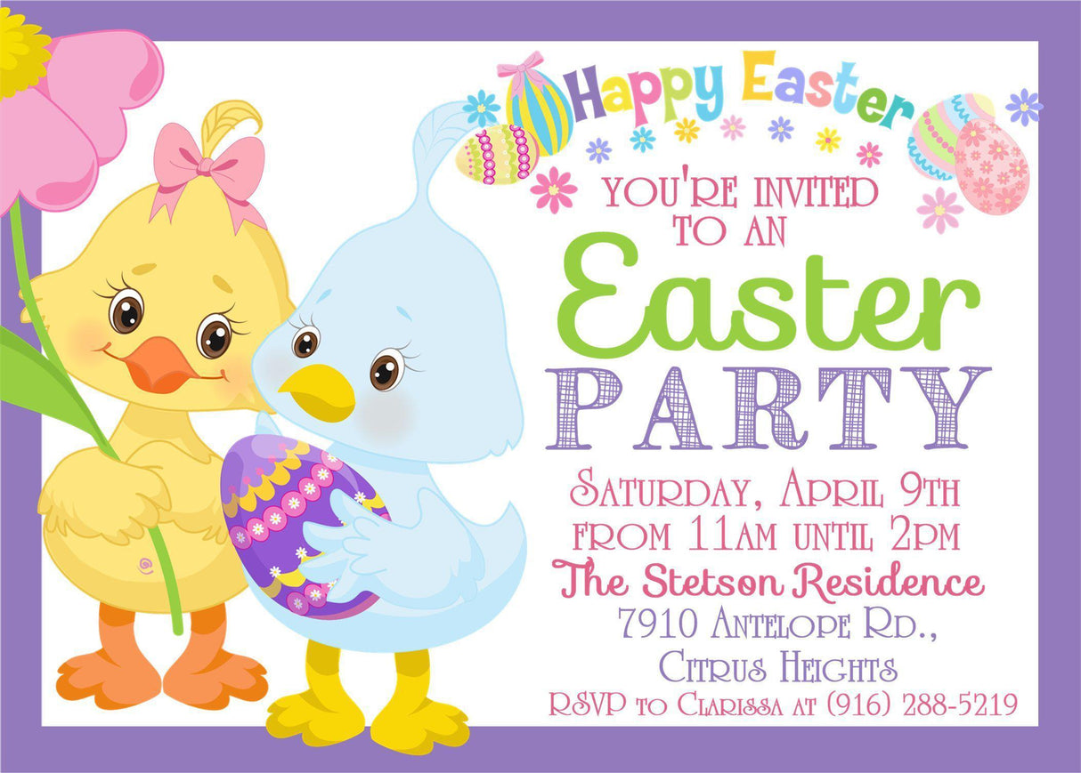 Cute chick Easter egg hunt invitation with decorated egg