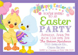 Cute chick Easter egg hunt invitation with decorated egg