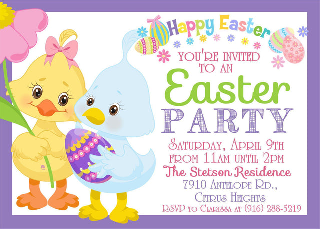 Cute chick Easter egg hunt invitation with decorated egg