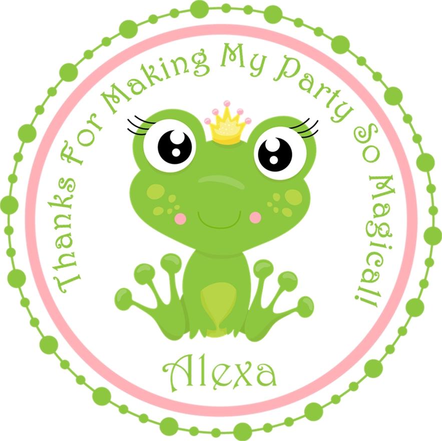 Cute frog princess birthday sticker with green and pink border