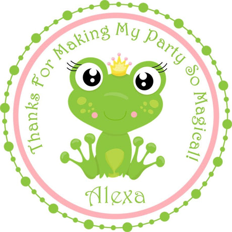 Cute frog princess birthday sticker with green and pink border
