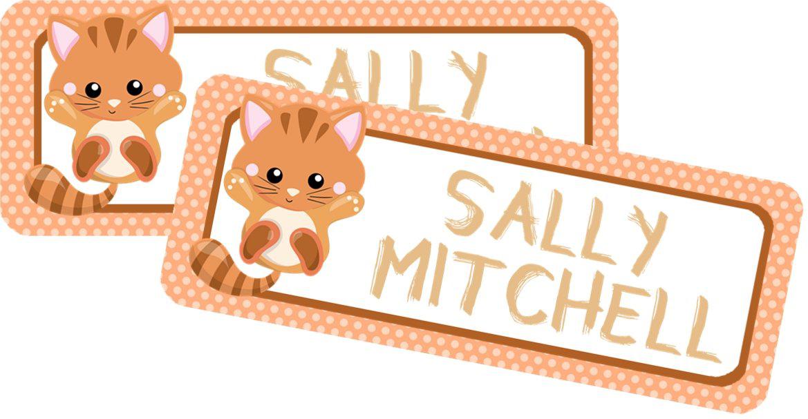 Cute kitten school supply label in warm orange colors