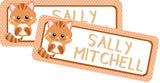Cute kitten school supply label in warm orange colors