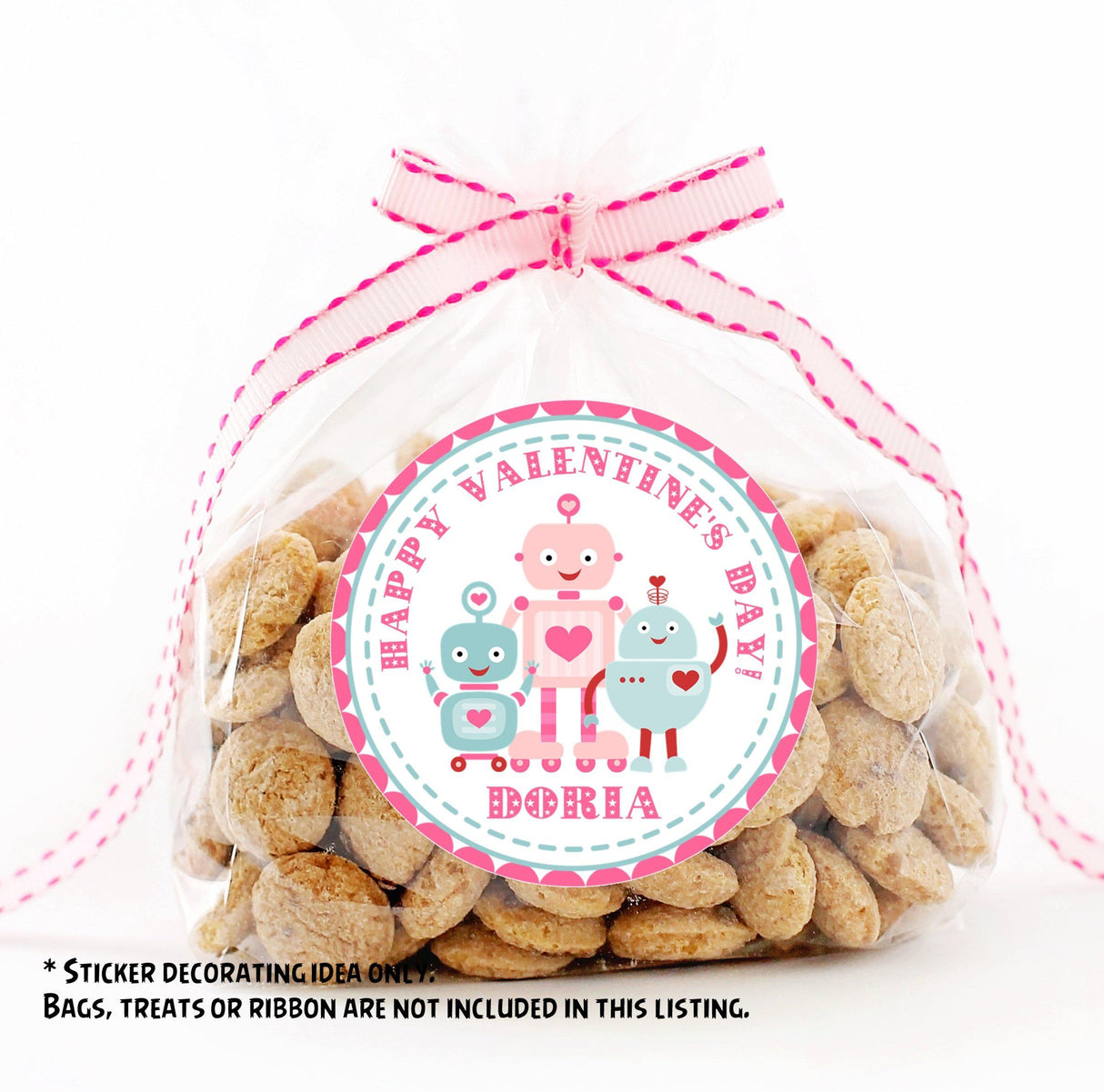 Cute robot Valentine favor sticker for school treat bags and kids exchanges