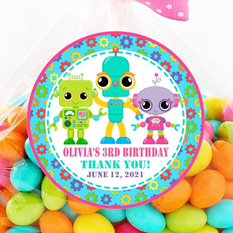 Cute robot party favor label in pink and teal