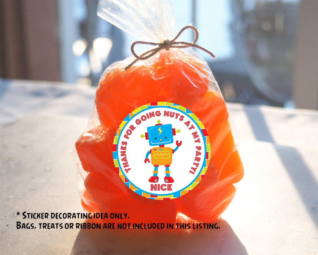 Cute robot party favor label with colorful block border