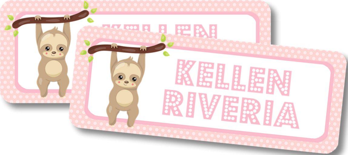 Cute sloth school supply label on pink polka dot background
