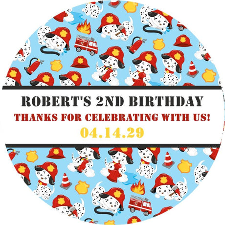 Dalmatian puppy fireman birthday party favor label