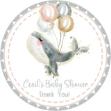 Dark gray whale baby shower sticker with balloons