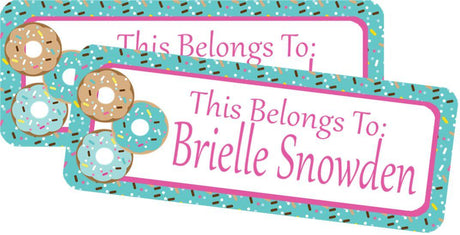 Donut back to school name labels with pink and aqua donut design