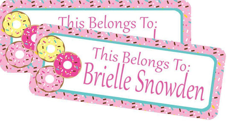 Donut back to school name labels with pink, teal, and sprinkle accents
