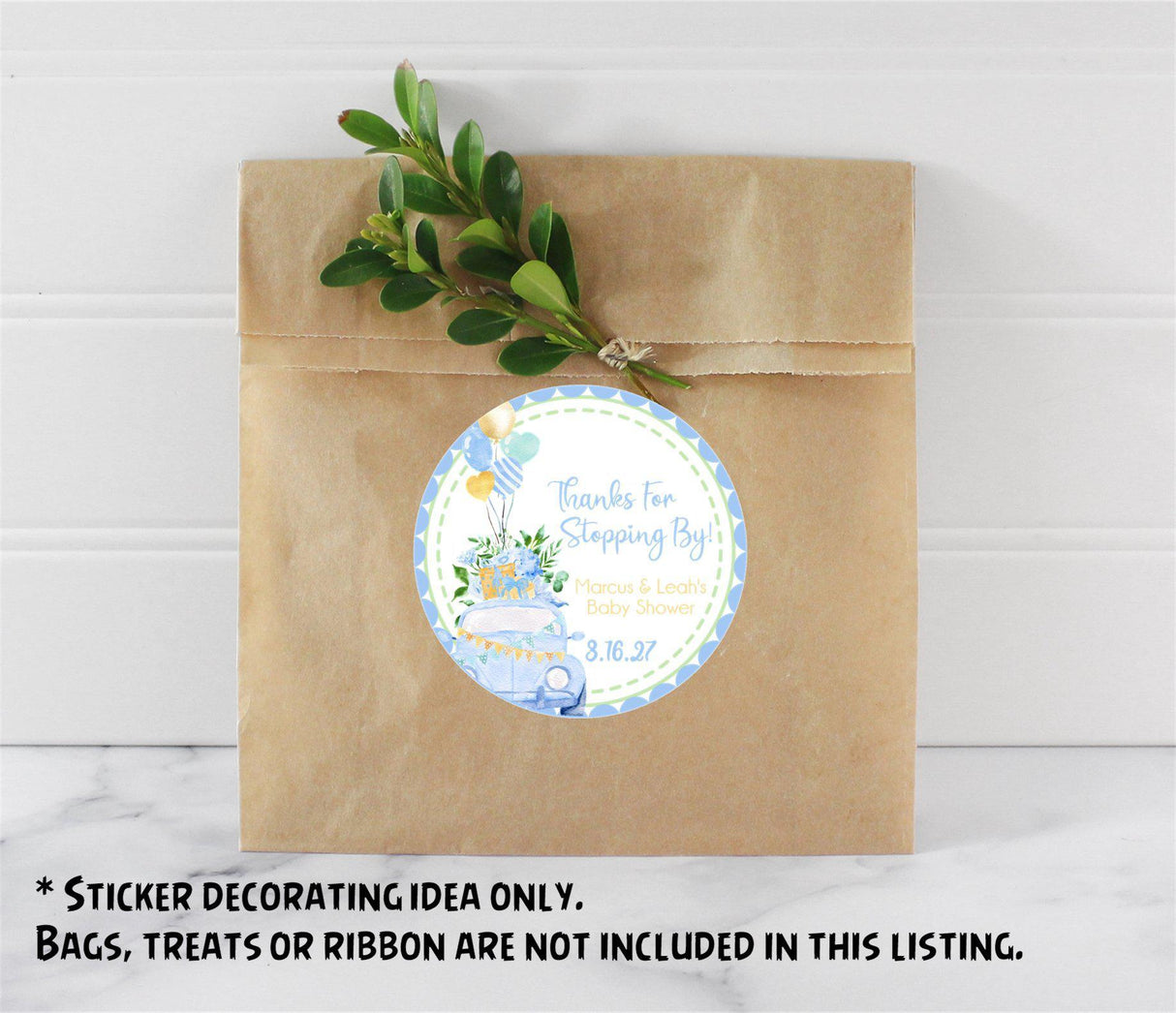 Drive-by baby shower thank you sticker for boys