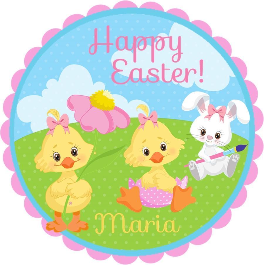 Easter chick and bunny stickers with pastel meadow scene
