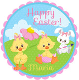Easter chick and bunny stickers with pastel meadow scene