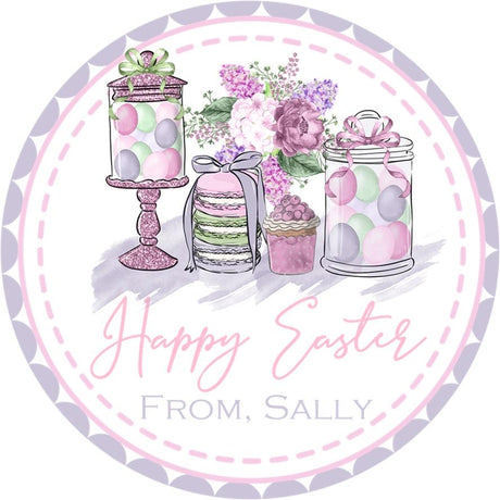 Easter sticker featuring pastel dessert table with macarons and candy jars