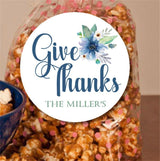 Elegant Thanksgiving favor label featuring blue watercolor florals