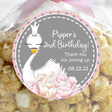 Elegant swan party favor label with blush and gray border