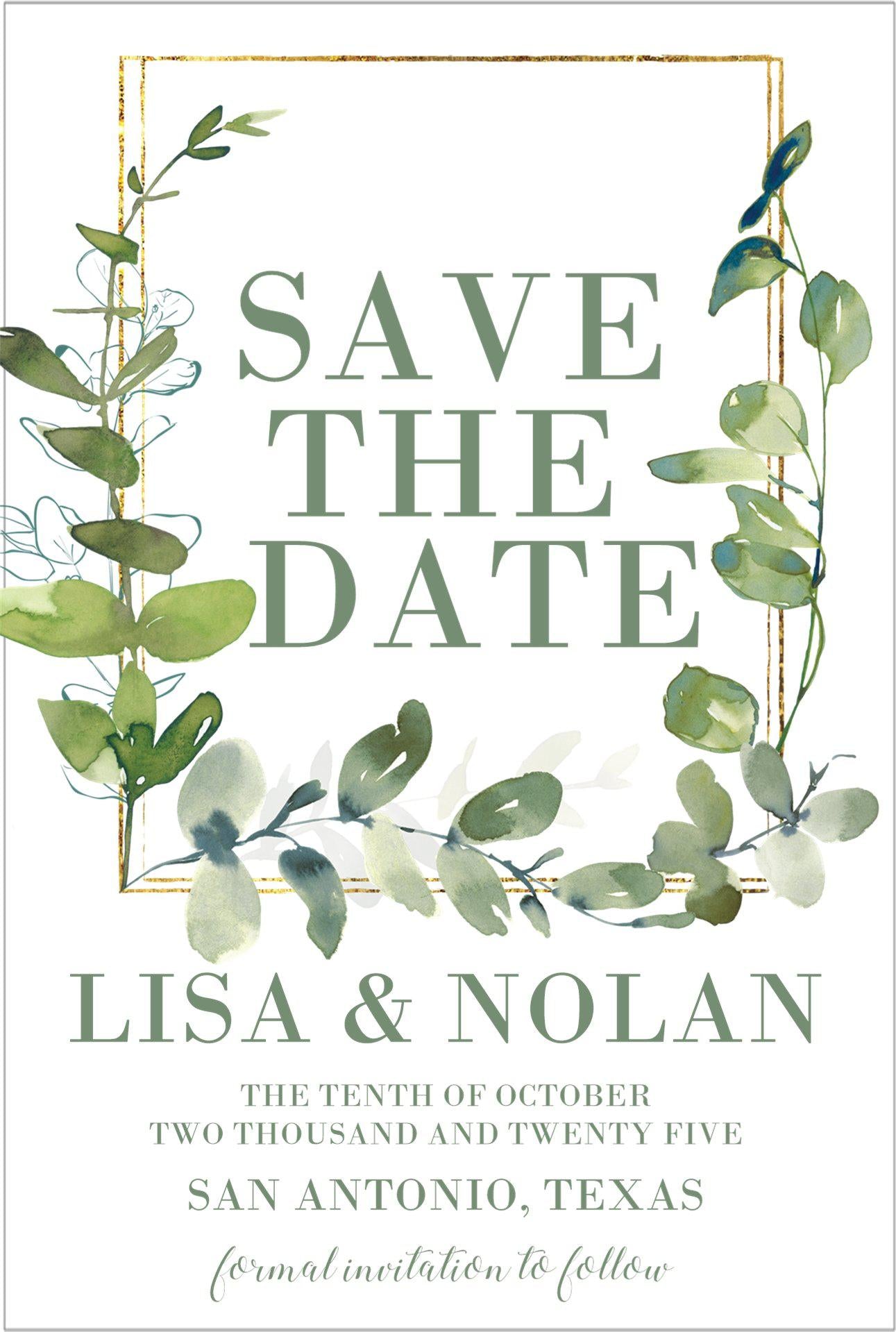Eucalyptus And Gold Wedding Save The Date Cards
