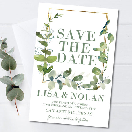 Eucalyptus gold wedding save the date cards