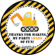 Excavator birthday sticker with black and yellow caution stripe border