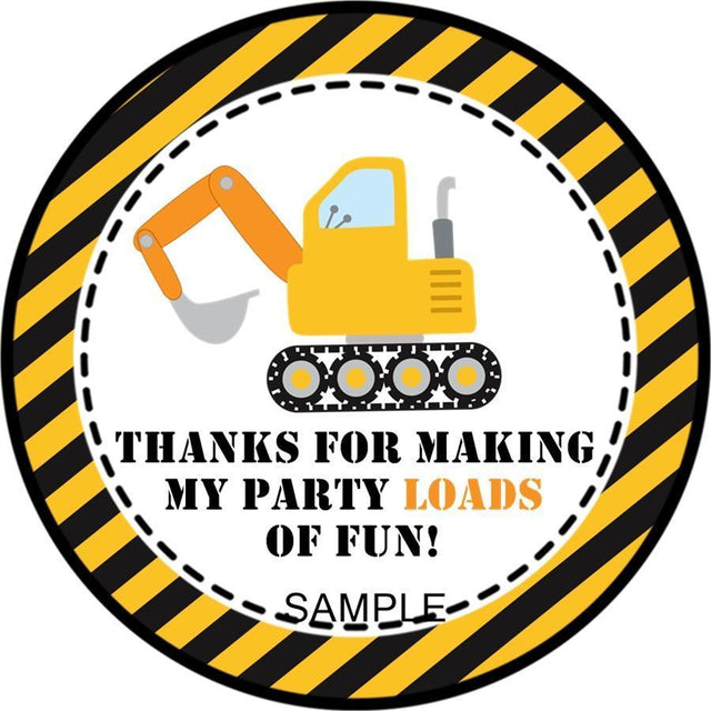 Excavator birthday sticker with black and yellow caution stripe border