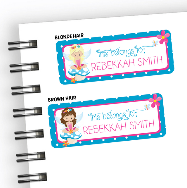 Fairy back to school name labels with whimsical fairy illustration and bright playful colors