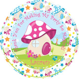 Fairy birthday sticker with colorful mushroom house