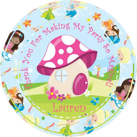 Fairy birthday sticker with mushroom house and diverse fairies