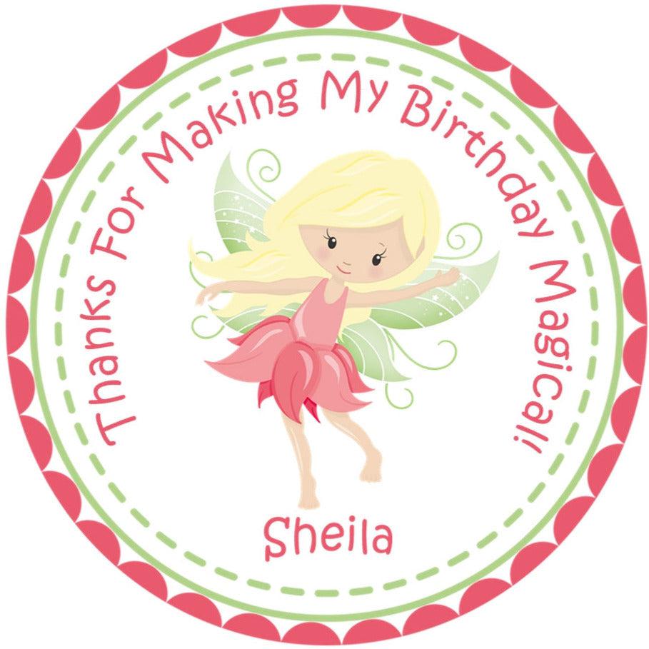 Fairy garden party sticker for girls’ birthday favors.