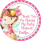 Fairy party favor sticker with floral crown and pastel wings.