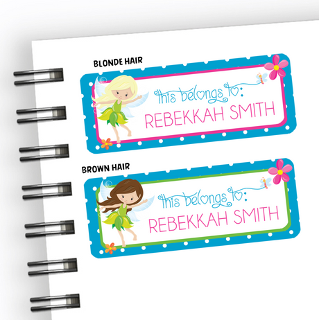 Fairy school supply name labels with colorful fairy illustration